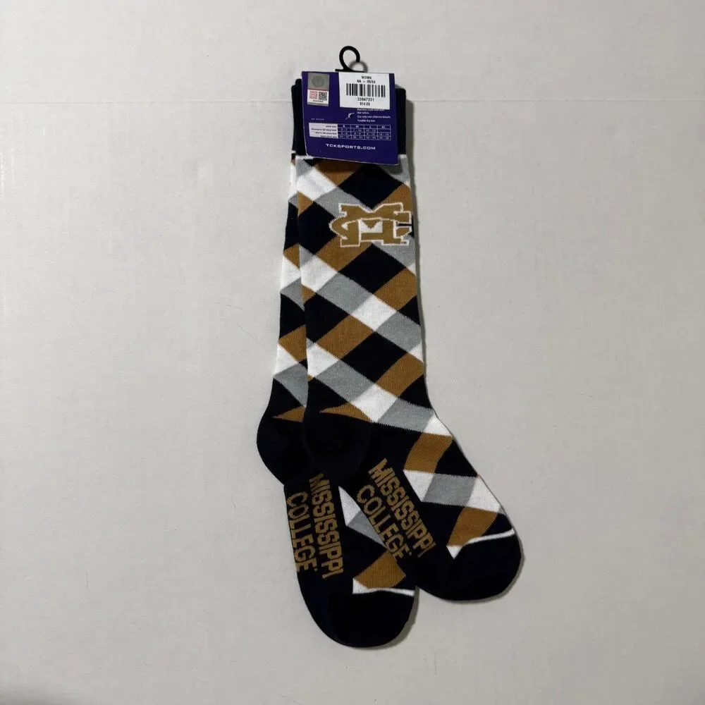 TCK Mississippi College MC Logo Diamond Check Crew Socks